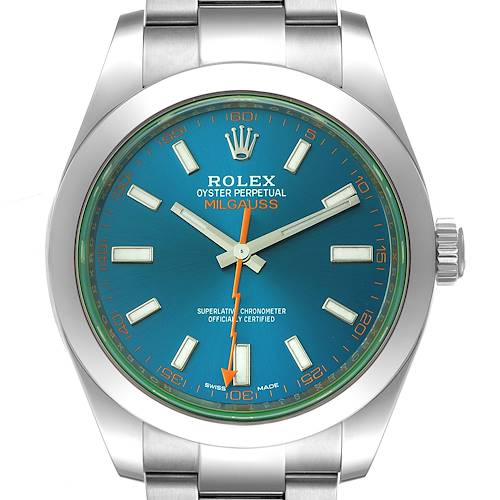 The image shows a front view of the Rolex Milgauss 116400GV Men's Stainless Steel Blue Dial 116400GV Men's Stainless Steel Blue Dial watch, highlighting its blue dial, stainless steel case, and bracelet.
