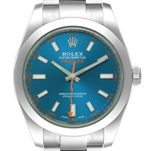 This image shows a front view of a Rolex Milgauss 116400GV Men's Stainless Steel Blue Dial 116400GV Men's Stainless Steel Blue Dial watch, featuring its dial and part of the bracelet.