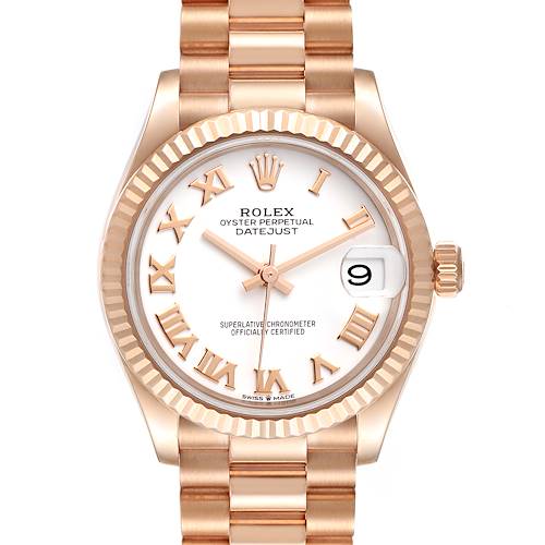 The image shows a Rolex President 278275 Women's Rose Gold White Dial 278275 Women's Rose Gold White Dial model watch viewed from the front, displaying the dial, hands, date, and part of the bracelet.