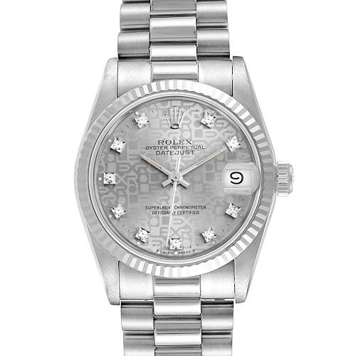 The image shows a frontal view of the Rolex President 68279 Women's White Gold Silver Dial 68279 Women's White Gold Silver Dial model watch, displaying the face, bracelet, and date window.