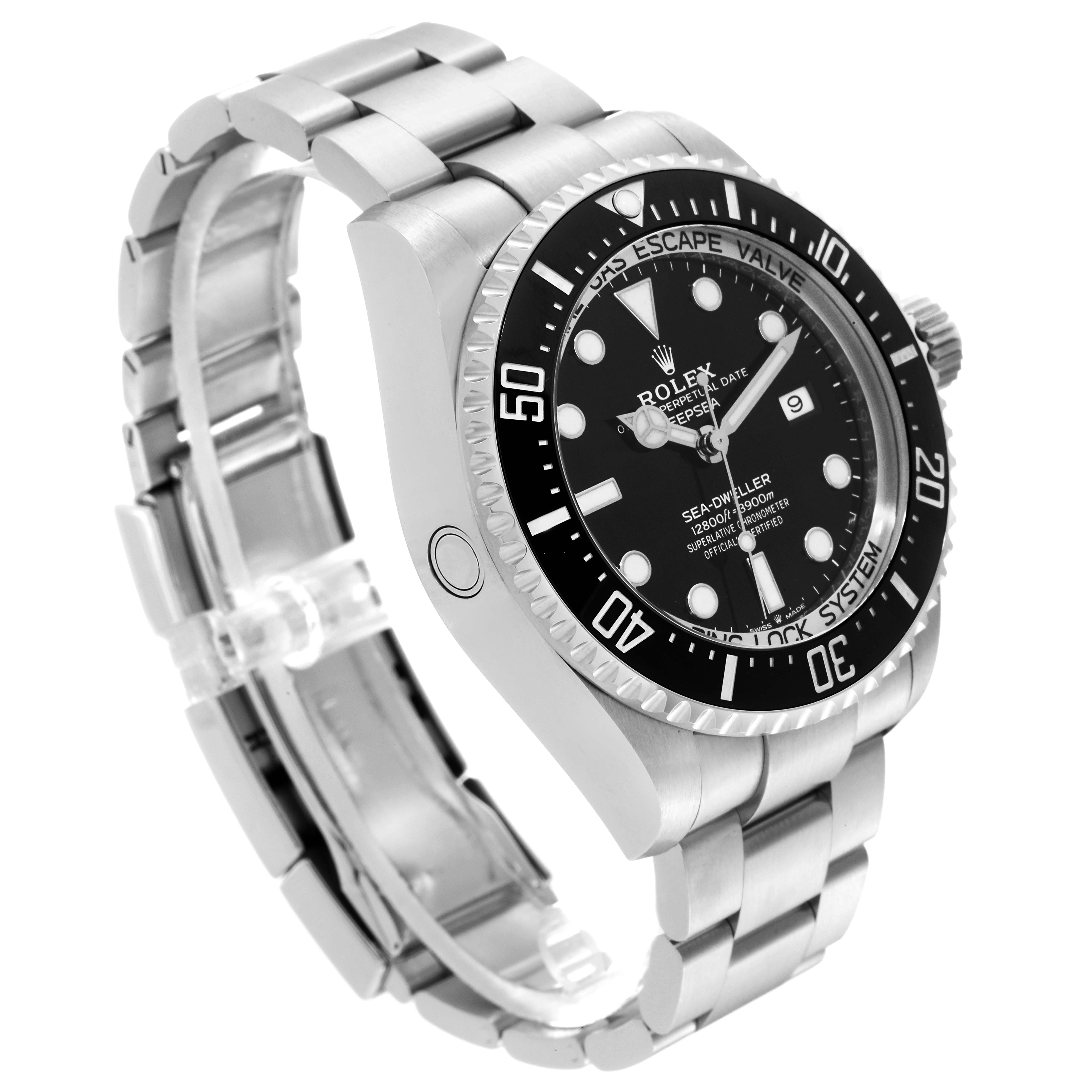 The image shows a side-angled view of a Rolex Sea-Dweller 126660 Men's Stainless Steel Black Dial 126660 Men's Stainless Steel Black Dial watch, highlighting its face, bezel, crown, and bracelet.