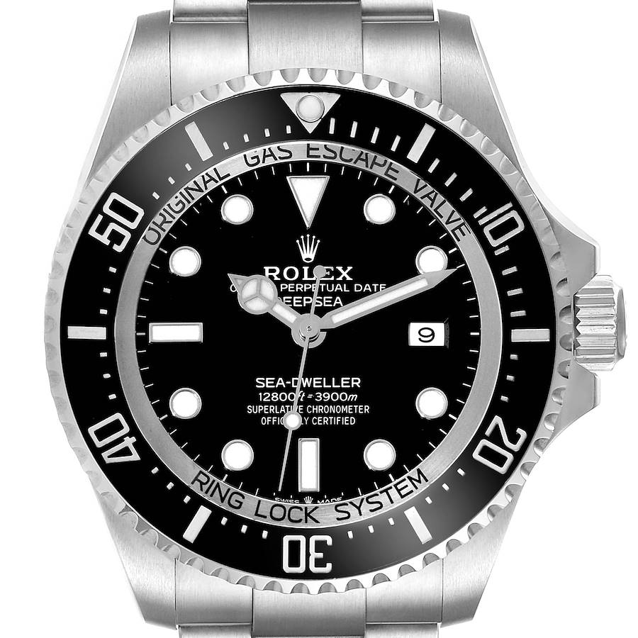The image shows a front view of the Rolex Sea-Dweller 126660 Men's Stainless Steel Black Dial 126660 Men's Stainless Steel Black Dial watch, highlighting the dial, bezel, and part of the bracelet.