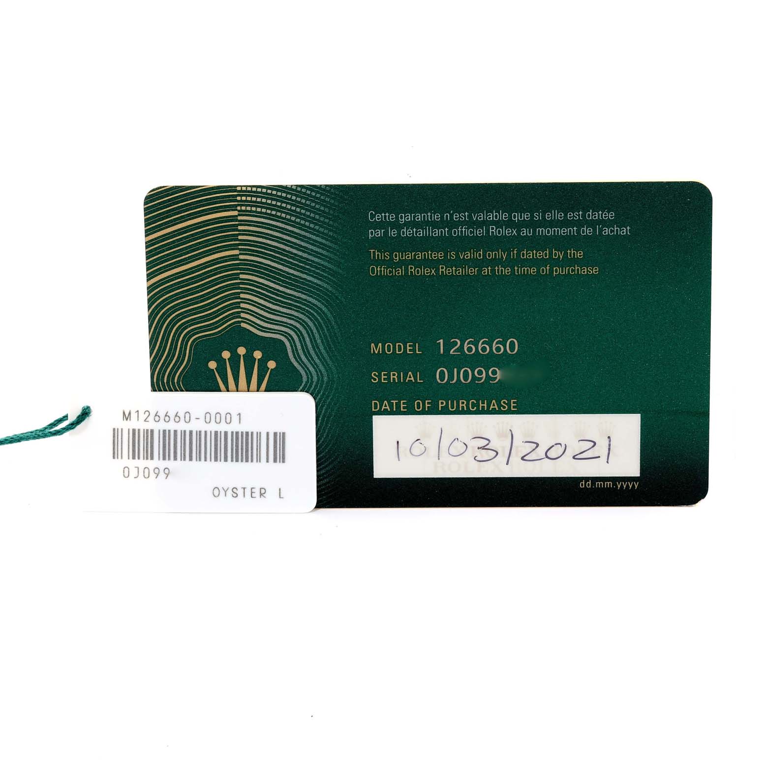 The image shows the warranty card and tag for the Rolex Sea-Dweller 126660 Men's Stainless Steel Black Dial 126660 Men's Stainless Steel Black Dial model 126660.