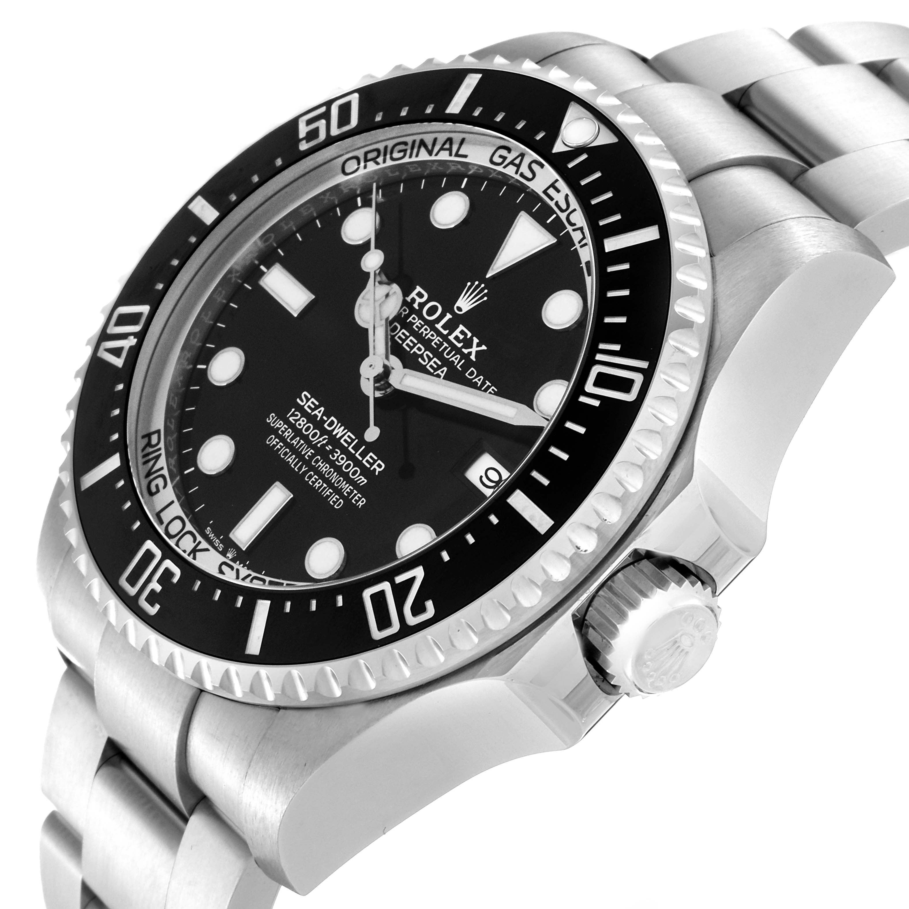The Rolex Sea-Dweller 126660 Men's Stainless Steel Black Dial 126660 Men's Stainless Steel Black Dial watch is shown from a slight side angle, displaying its dial, bezel, crown, and bracelet.