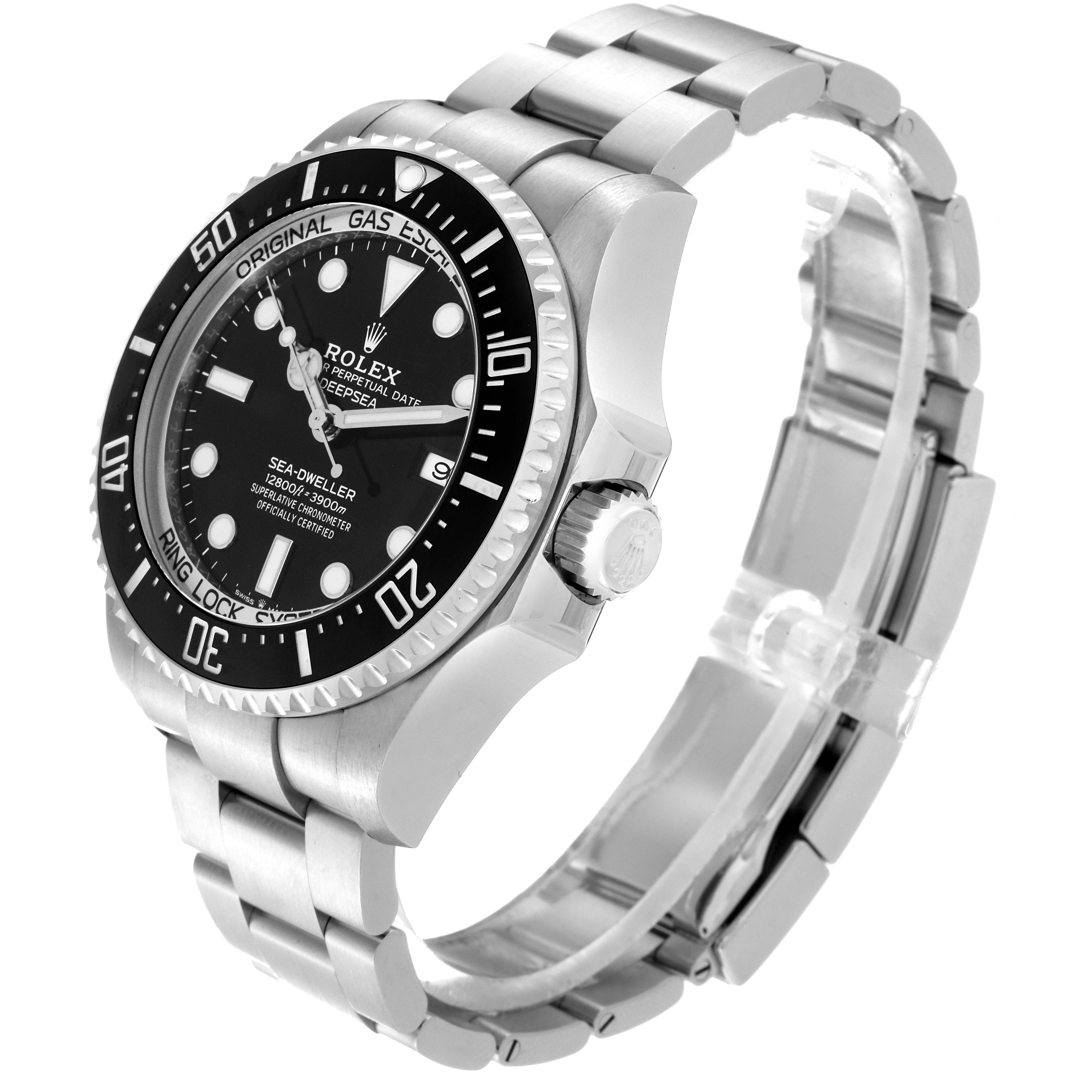 The Rolex Sea-Dweller 126660 Men's Stainless Steel Black Dial 126660 Men's Stainless Steel Black Dial watch is shown at a side angle, highlighting the dial, bezel, crown, and stainless steel bracelet.