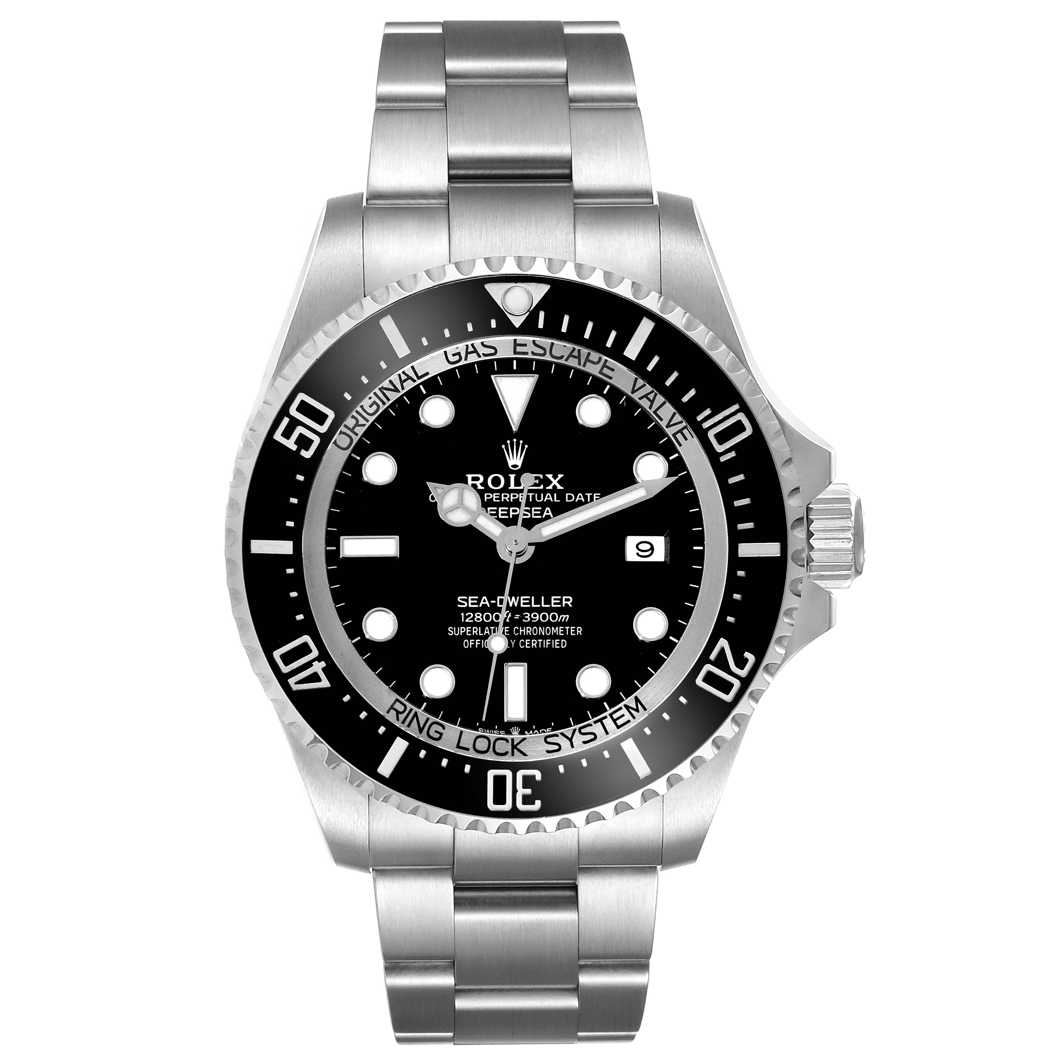 This image shows a front view of the Rolex Sea-Dweller 126660 Men's Stainless Steel Black Dial 126660 Men's Stainless Steel Black Dial watch, highlighting the dial, bezel, case, and bracelet.