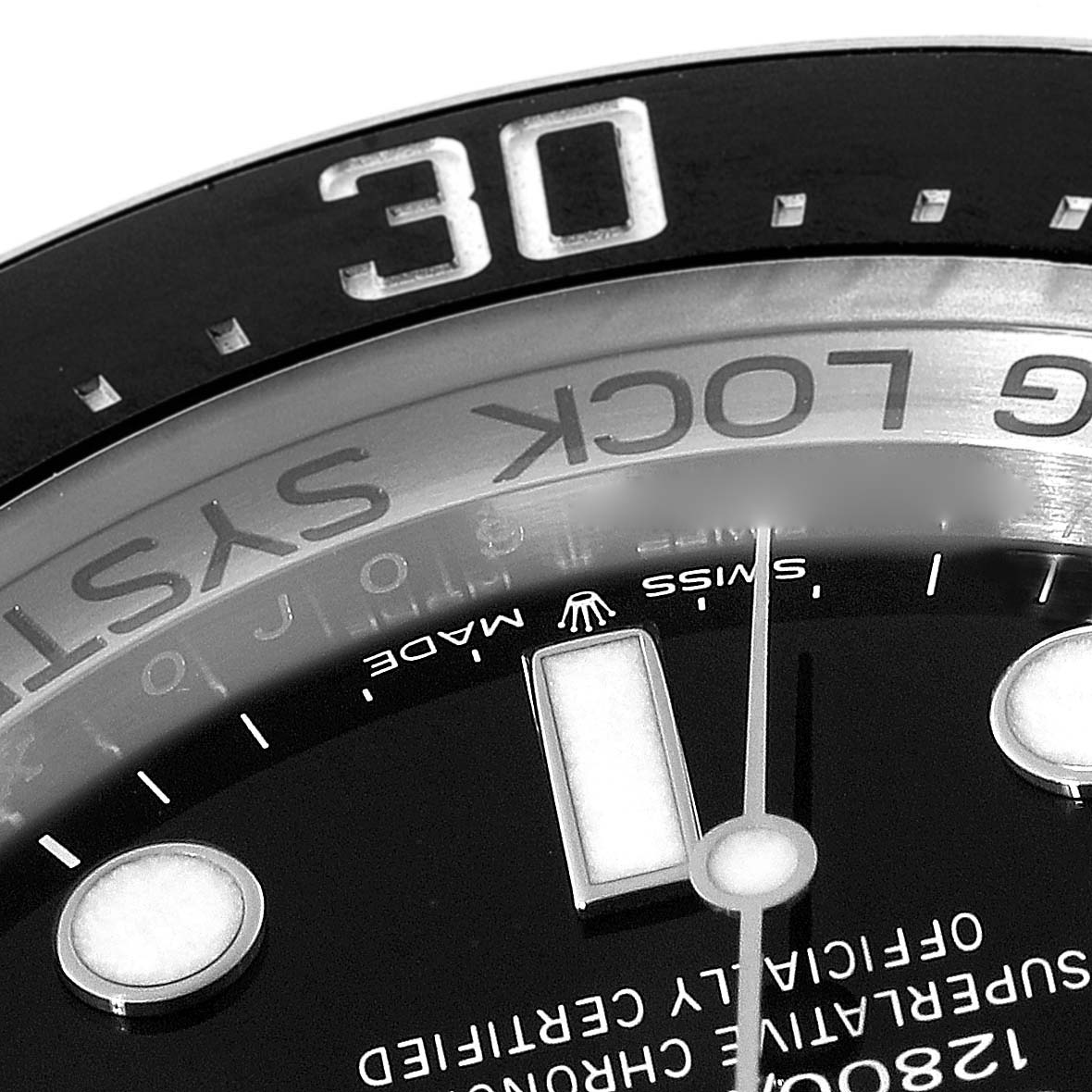 The close-up image shows the upper right section of the dial and bezel of a Rolex Sea-Dweller 126660 Men's Stainless Steel Black Dial 126660 Men's Stainless Steel Black Dial watch with the "30" indicator.