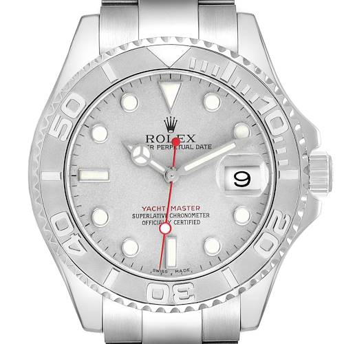 The Rolex Yacht-Master 16622 Men's Stainless Steel Silver Dial 16622 Men's Stainless Steel Silver Dial watch is shown from the front, displaying the dial, bezel, crown, and bracelet.