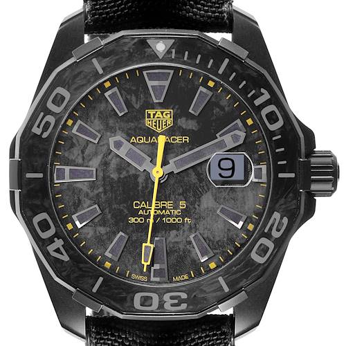 The Tag Heuer Aquaracer WBD218B.FC6446 Men's Titanium Black Dial WBD218B.FC6446 Men's Titanium Black Dial is shown from a close-up front angle, displaying the dial, bezel, and date window.