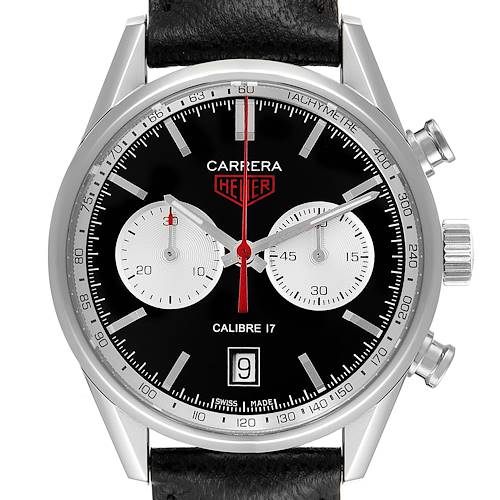 The image shows a front view of a Tag Heuer Carrera CV211D Men's Stainless Steel Black Dial CV211D Men's Stainless Steel Black Dial Calibre 17 watch, highlighting its dial, chronographs, and bezel.