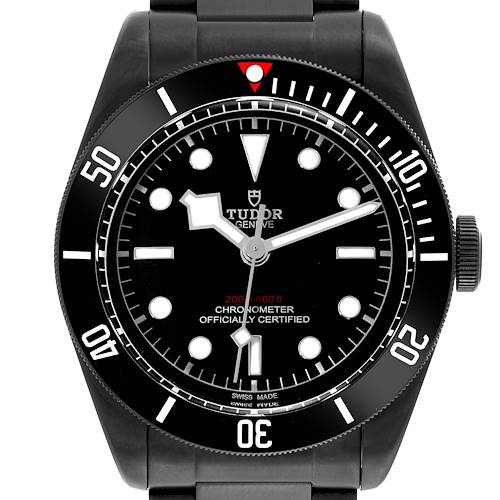 The image shows a front view of the Tudor Heritage Black Bay 79230DK Men's Stainless Steel Black Dial 79230DK Men's Stainless Steel Black Dial watch, highlighting its dial, bezel, and bracelet.