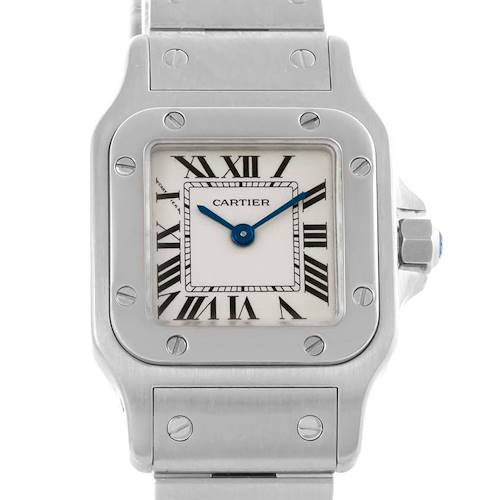 This image shows a close-up of the dial and part of the bracelet of a Cartier Santos W20056D6 Women's Stainless Steel Silver Dial W20056D6 Women's Stainless Steel Silver Dial watch.