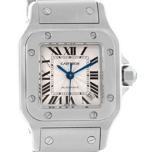 This image shows a Santos model watch by Cartier from a front angle, highlighting its dial, bezel, and part of the strap.