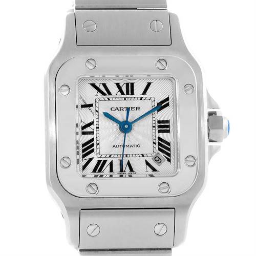 The image shows a close-up of the Cartier Santos W20054D6 Women's Stainless Steel Silver Dial W20054D6 Women's Stainless Steel Silver Dial watch, focusing on the dial, case, and part of the stainless steel bracelet.