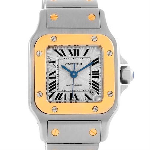 This image shows a close-up front view of the Cartier Santos W20057C4 Women's Stainless Steel Silver Dial W20057C4 Women's Stainless Steel Silver Dial watch, highlighting its dial and part of the bracelet.