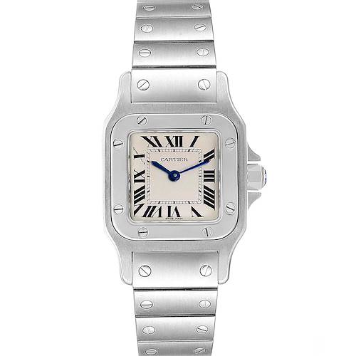 The Cartier Santos W20056D6 Women's Stainless Steel Silver Dial W20056D6 Women's Stainless Steel Silver Dial watch is shown from the front, displaying its face, bezel, and metal bracelet.