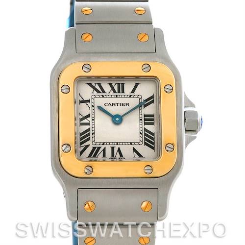 The image shows a front view of the Cartier Santos W20012C4 Women's Stainless Steel Silver Dial W20012C4 Women's Stainless Steel Silver Dial watch, highlighting its square dial, two-tone bezel, and metal bracelet with screws.