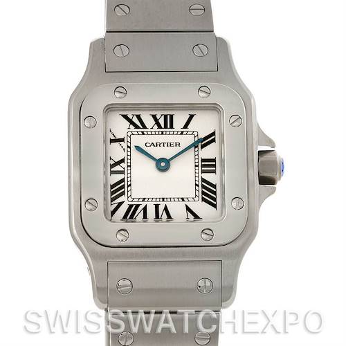 The image shows the front view of the Cartier Santos W20056D6 Women's Stainless Steel Silver Dial W20056D6 Women's Stainless Steel Silver Dial watch, highlighting the dial, bezel, hands, and part of the bracelet.