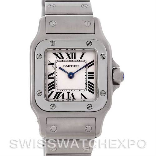 The image shows a front view of the Cartier Santos W20056D6 Women's Stainless Steel Silver Dial W20056D6 Women's Stainless Steel Silver Dial watch, displaying the face, bezel, and part of the bracelet.