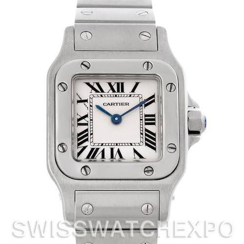 The Cartier Santos W20056D6 Women's Stainless Steel Silver Dial W20056D6 Women's Stainless Steel Silver Dial watch is shown from a straight-on angle, highlighting its face and part of the bracelet.