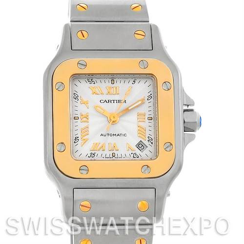 This Cartier Santos W20057C4 Women's Stainless Steel Silver Dial W20057C4 Women's Stainless Steel Silver Dial watch is shown from a front angle, displaying its face, bezel, and part of the bracelet.