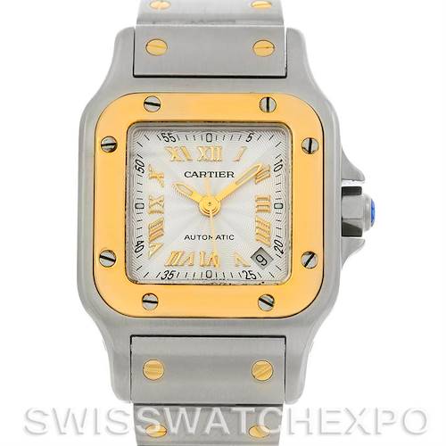 The image shows a front view of a Cartier Santos W20057C4 Women's Stainless Steel Silver Dial W20057C4 Women's Stainless Steel Silver Dial watch, displaying the face, bezel, and part of the bracelet.