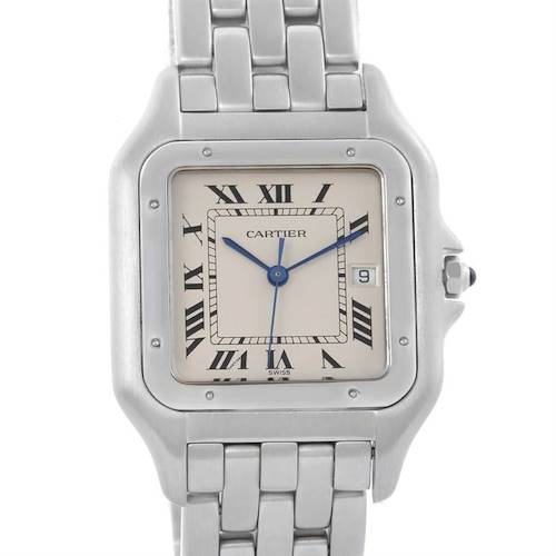 The image shows a front view of the Cartier Panthere W25032P5 Men's Stainless Steel Silver Dial W25032P5 Men's Stainless Steel Silver Dial watch, highlighting its face, Roman numerals, bezel, and part of its bracelet.