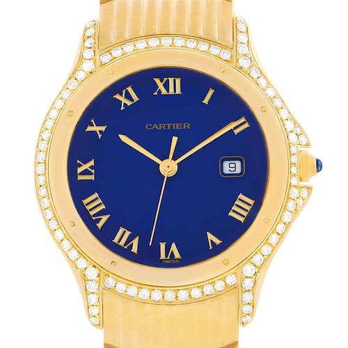 The image shows a frontal view of the Cartier Panthere 11651 Women's Yellow Gold Blue Dial 11651 Women's Yellow Gold Blue Dial watch, highlighting the blue dial, gold Roman numerals, and diamond-encrusted bezel.