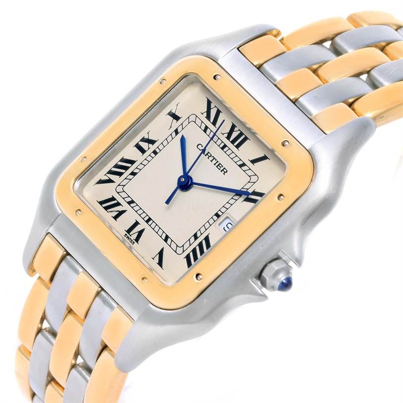 The image shows a Cartier Panthere Steel and Gold (two tone) Silver Dial Steel and Gold (two tone) Silver Dial watch at a slight angle featuring its face, case, and part of the bracelet.