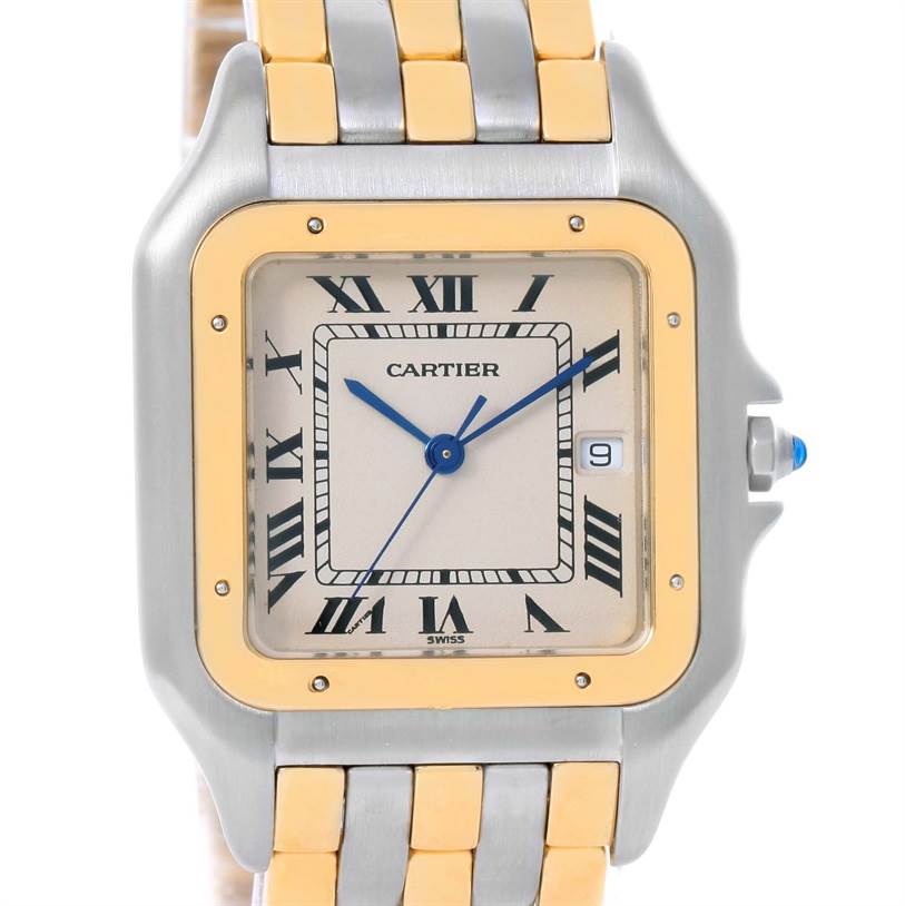 This image displays a front view of the Cartier Panthere Steel and Gold (two tone) Silver Dial Steel and Gold (two tone) Silver Dial watch, focusing on the dial, bezel, and part of the bracelet.