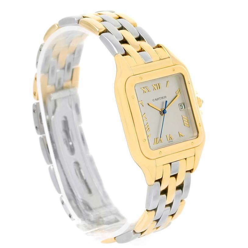 The image shows a Panthère de Cartier watch at a slight angle, highlighting its gold bezel and two-tone bracelet.