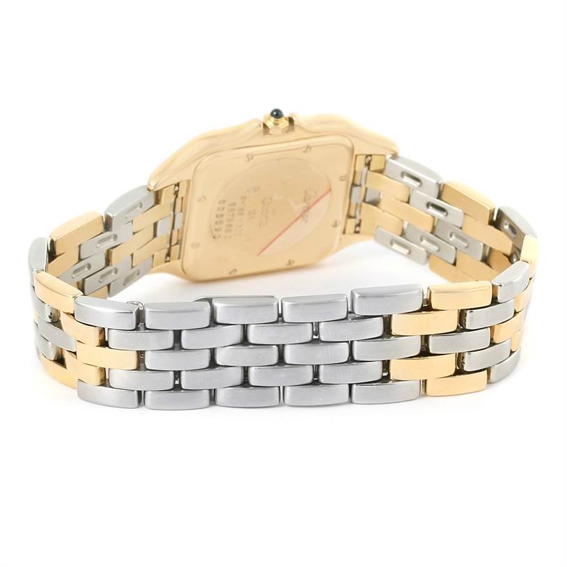 The image shows the back view of a Cartier Panthere 887968C Yellow Gold Silver Dial 887968C Yellow Gold Silver Dial watch, highlighting its gold and silver bracelet.