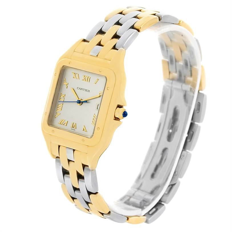 The Cartier Panthere 887968C Yellow Gold Silver Dial 887968C Yellow Gold Silver Dial watch is shown at a three-quarter angle, highlighting the face, bezel, and two-tone bracelet.