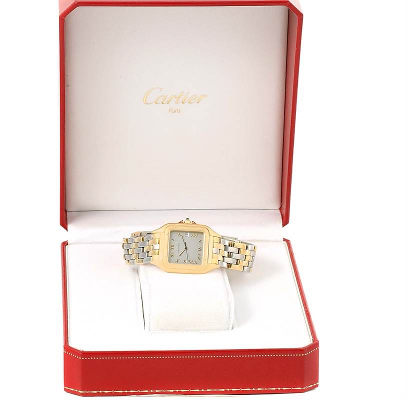 The Cartier Panthere 887968C Yellow Gold Silver Dial 887968C Yellow Gold Silver Dial watch is shown front-facing in its red and white branded box.