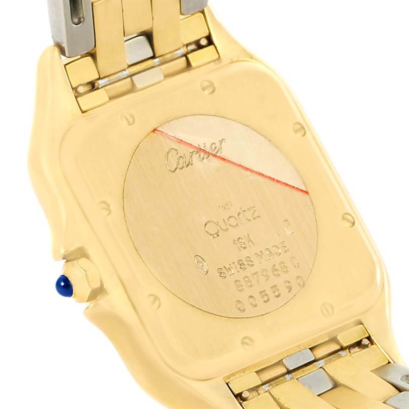 This image shows the back view of a Cartier Panthere 887968C Yellow Gold Silver Dial 887968C Yellow Gold Silver Dial watch, highlighting its case, hinge, and part of the bracelet.