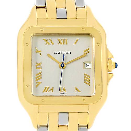 The image shows a front view of the Cartier Panthere 887968C Yellow Gold Silver Dial 887968C Yellow Gold Silver Dial watch, highlighting its face, case, and partial bracelet.