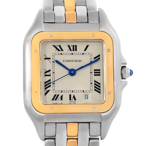 The image shows a frontal view of the Cartier Panthere W25028B5 Men's Steel and Gold (two tone) Silver Dial W25028B5 Men's Steel and Gold (two tone) Silver Dial watch, highlighting its face, Roman numerals, and metal bracelet.