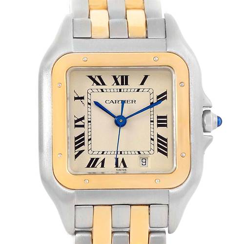 The image shows a close-up of the face and part of the band of a Cartier Panthere W25028B8 Men's Steel and Gold (two tone) Silver Dial W25028B8 Men's Steel and Gold (two tone) Silver Dial watch, highlighting the dial and bezel.