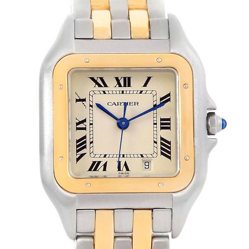 The image shows a Cartier Panthere W25028B8 Steel and Gold (two tone) Silver Dial W25028B8 Steel and Gold (two tone) Silver Dial watch face and part of the bracelet at a straight-on angle.