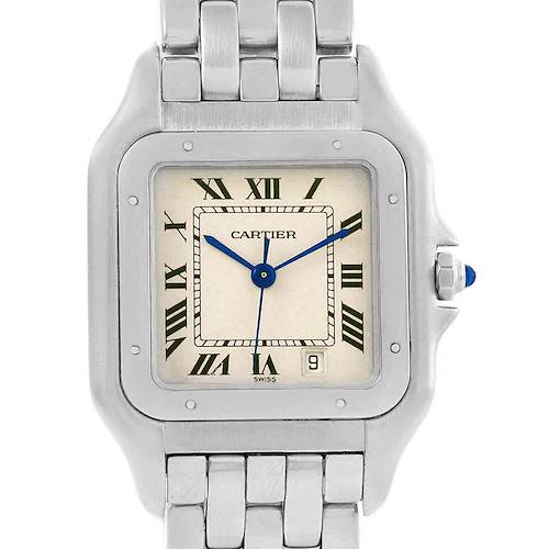 The image shows a frontal view of a Cartier Panthere W25054P5 Stainless Steel Silver Dial W25054P5 Stainless Steel Silver Dial watch, highlighting its dial, hands, crown, and part of the bracelet.