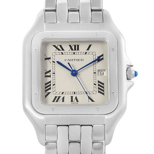 The image shows a front view of the Cartier Panthère watch, including its face, bezel, and part of the bracelet.