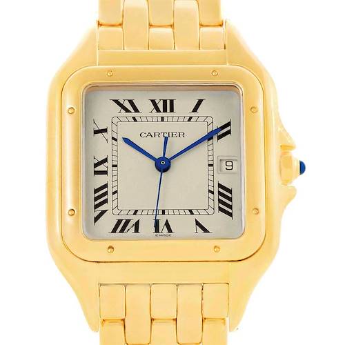 The image shows a frontal view of the Cartier Panthere W25014B9 Men's Yellow Gold Silver Dial W25014B9 Men's Yellow Gold Silver Dial model watch, highlighting its face, hour markers, hands, date window, and part of the bracelet.