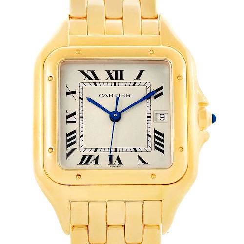 This image shows a front view of the Cartier Panthere W25014B9 Men's Yellow Gold Silver Dial W25014B9 Men's Yellow Gold Silver Dial watch, highlighting its dial, case, and part of the bracelet.