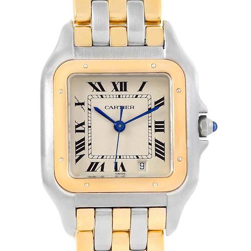 The image shows a front view of the Cartier Panthere W25028B6 Steel and Gold (two tone) Silver Dial W25028B6 Steel and Gold (two tone) Silver Dial watch, displaying its dial, hands, and part of the bracelet.