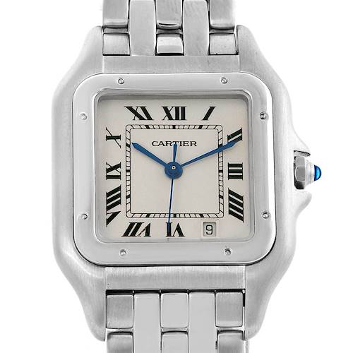 The image shows a frontal view of the Cartier Panthere W25054P5 Stainless Steel Silver Dial W25054P5 Stainless Steel Silver Dial model watch, including its face, bracelet, and crown.