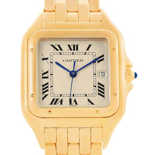The image shows a front view of the Cartier Panthere W25014B9 Yellow Gold Silver Dial W25014B9 Yellow Gold Silver Dial model watch, highlighting the gold case, bracelet, and dial with Roman numerals.