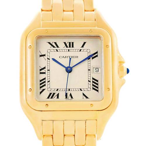 The image shows a close-up of a Cartier Panthere W25014B9 Men's Yellow Gold Silver Dial W25014B9 Men's Yellow Gold Silver Dial watch, highlighting its face, gold case, and part of the bracelet.