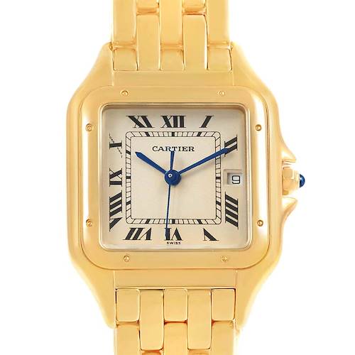 The image shows a front view of the Cartier Panthere W25014B9 Men's Yellow Gold Silver Dial W25014B9 Men's Yellow Gold Silver Dial watch, highlighting its gold casing, Roman numeral dial, and linked bracelet.