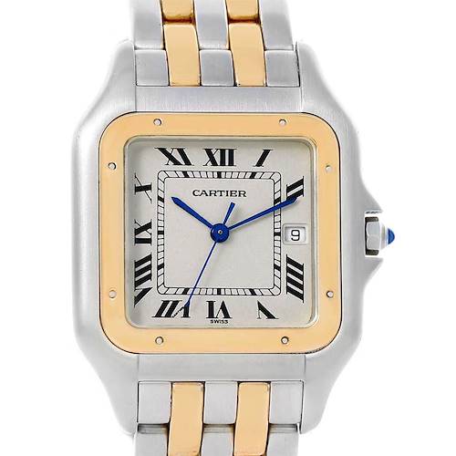 The image shows the face and part of the bracelet of the Panthère de Cartier watch, focusing on the dial and bezel.