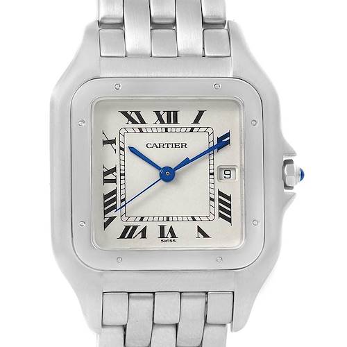 This image shows a front view of a Cartier Panthère watch, highlighting its square face, Roman numerals, blue hands, and bracelet.